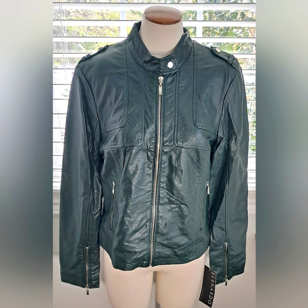 Bernardo Forest Green Long Sleeve Faux Leather Jacket Sz L NWT
